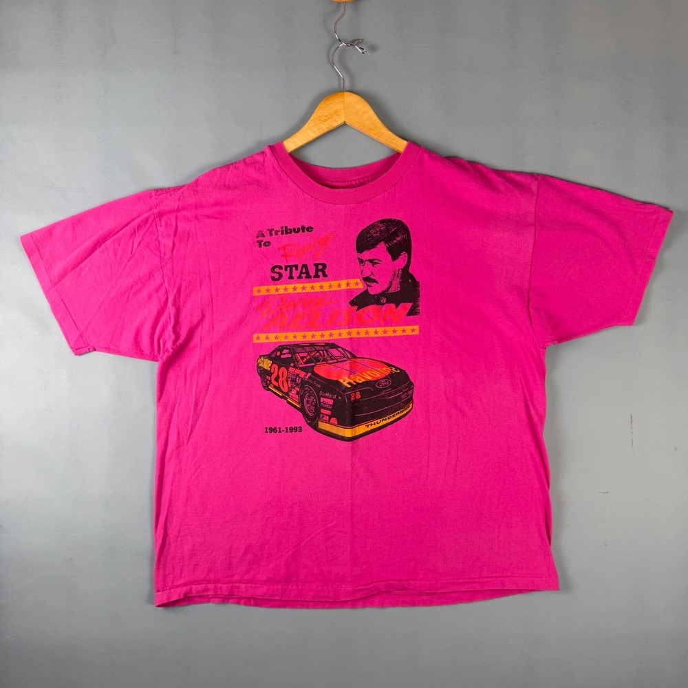 Vintage 90s Hanes Davey Allison Tribute Womens XL Pink NASCAR Tee Made in USA